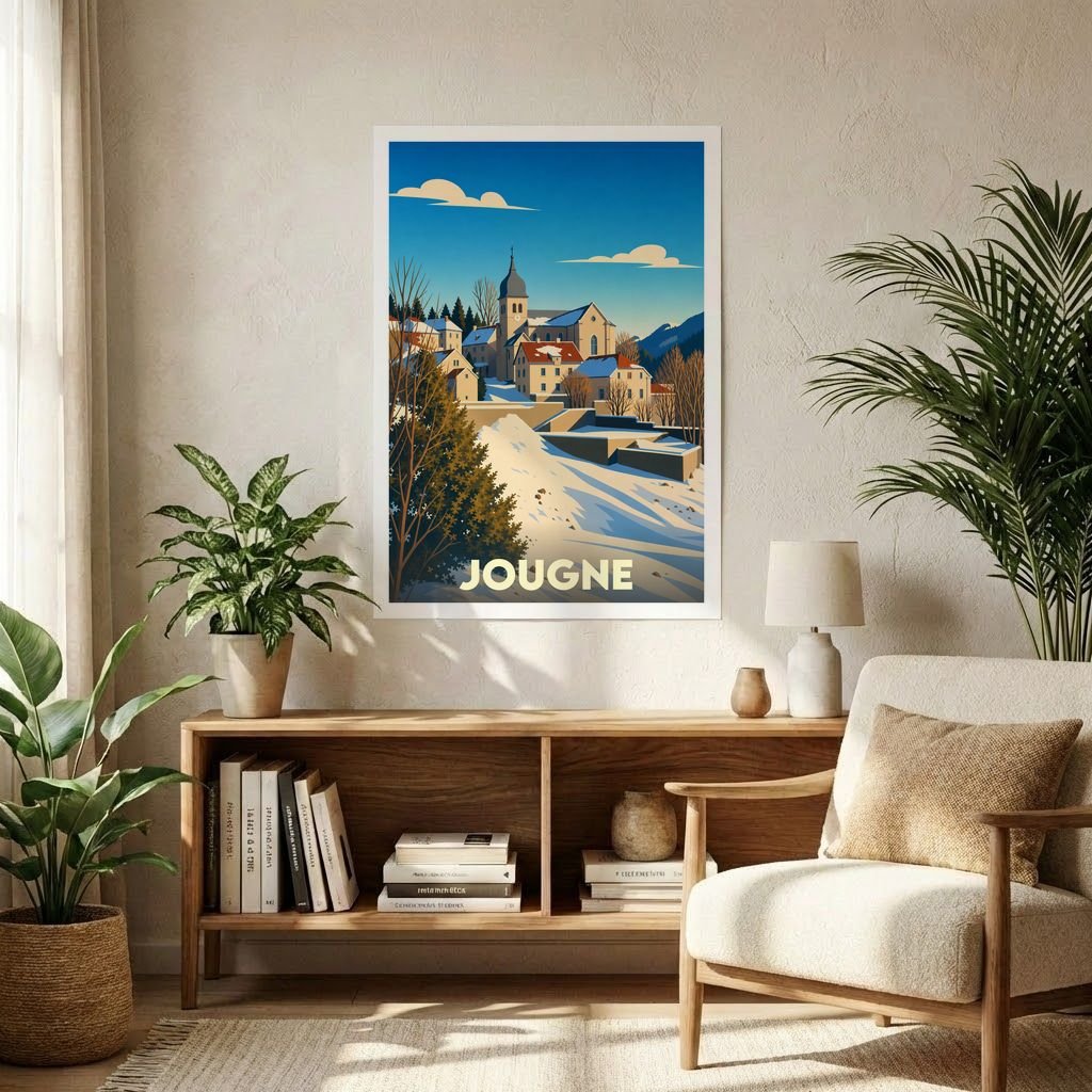 Affiche souvenir de la ville de Jougne avec une illustration stylisée d'un paysage de montagne enneigé.