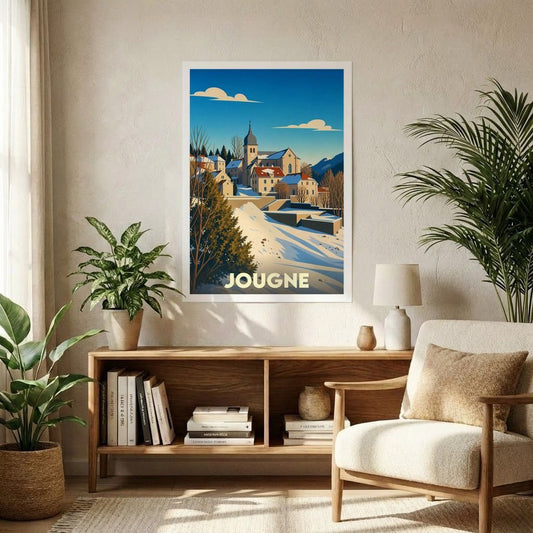 Affiche souvenir de la ville de Jougne avec une illustration stylisée d'un paysage de montagne enneigé.