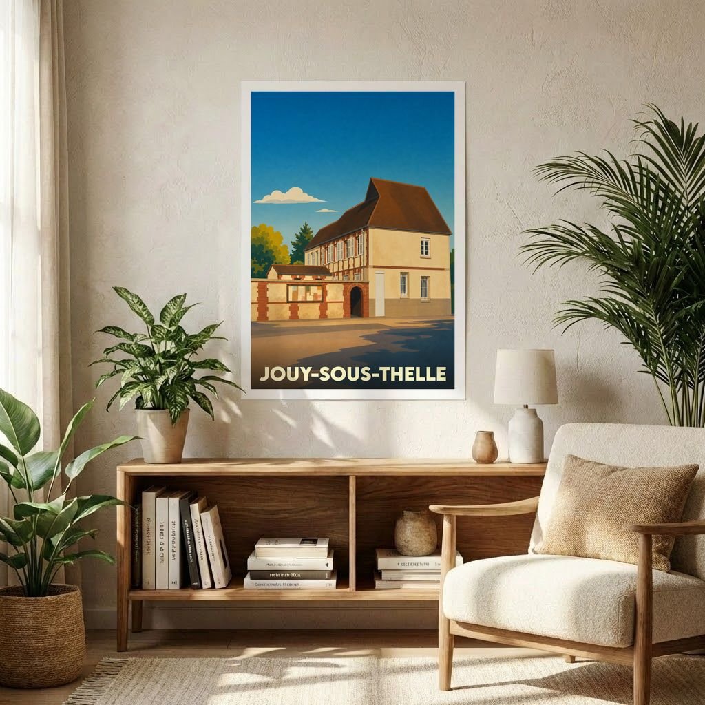 Affiche souvenir de la ville de Jouy-sous-Thelle avec une illustration stylisée d'un bâtiment historique.