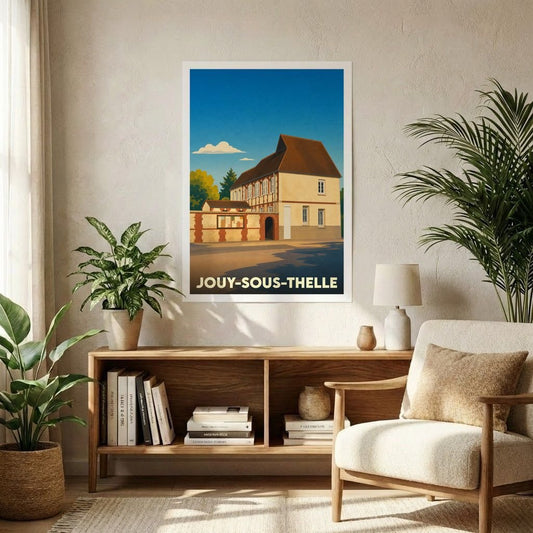 Affiche souvenir de la ville de Jouy-sous-Thelle avec une illustration stylisée d'un bâtiment historique.