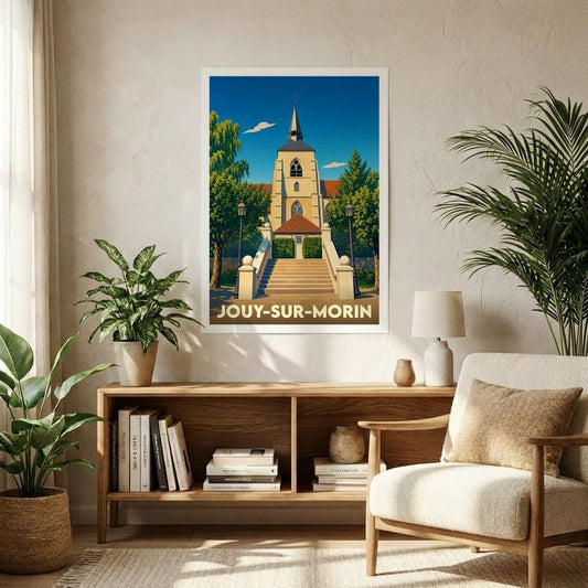 Affiche souvenir de la ville de Jouy-sur-Morin avec une illustration stylisée de son église.