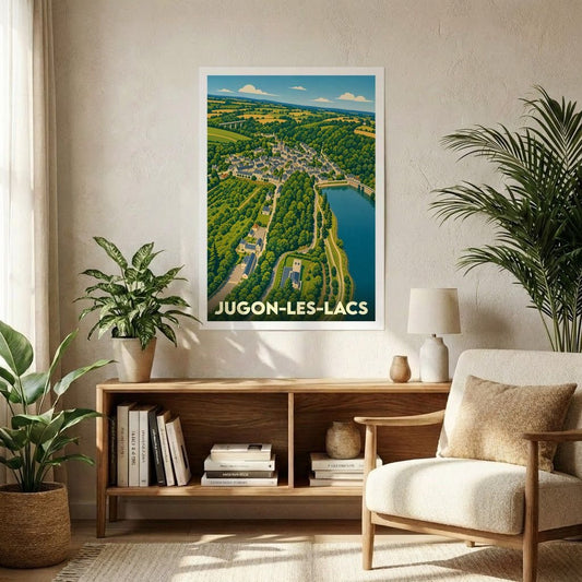 Affiche souvenir de la ville de Jugon-les-Lacs avec une illustration panoramique stylisée.