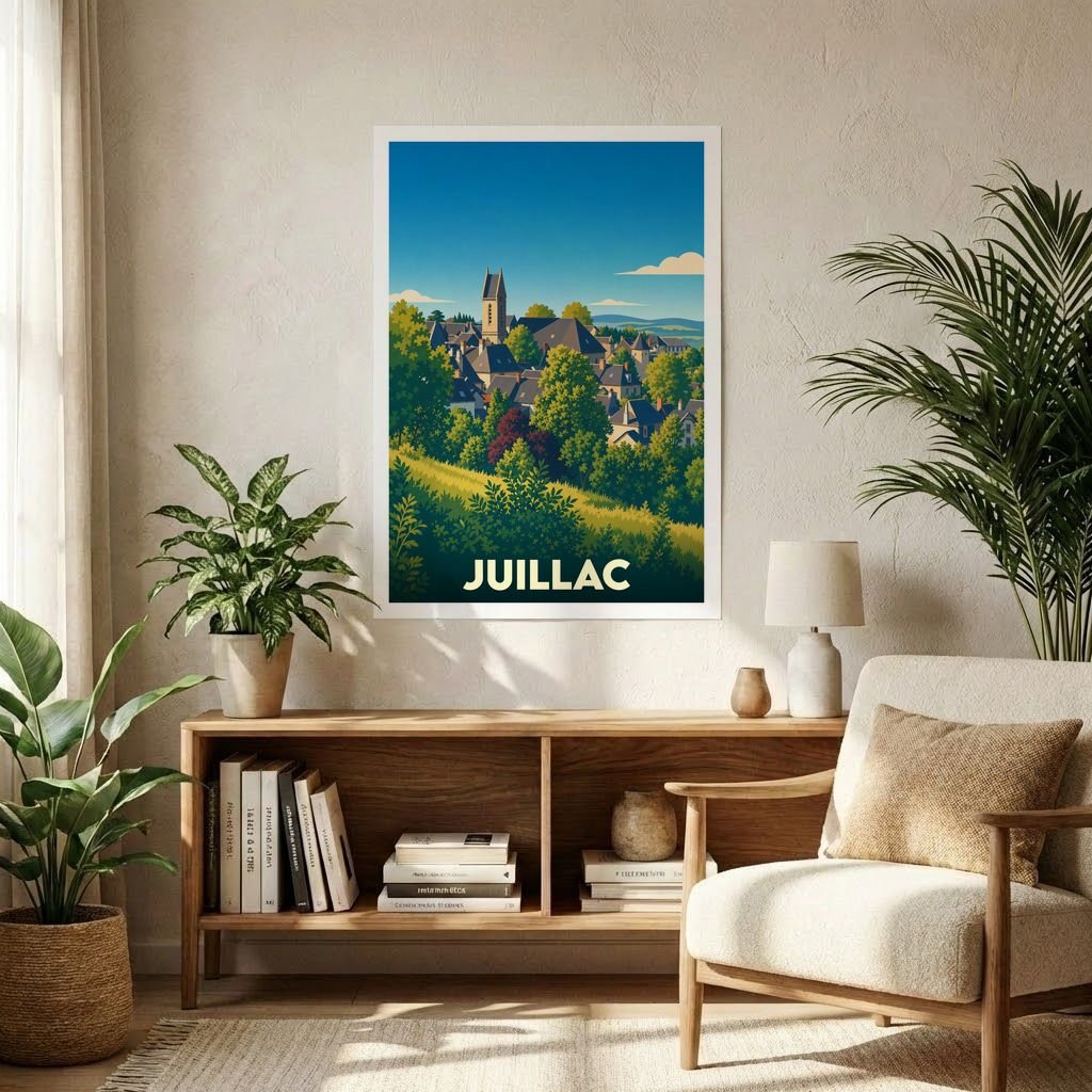Affiche souvenir de la ville de Juillac avec une illustration stylisée et colorée du paysage urbain.