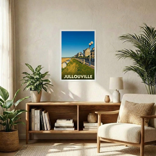 Affiche souvenir de la ville de Jullouville représentant son front de mer avec une illustration stylisée.