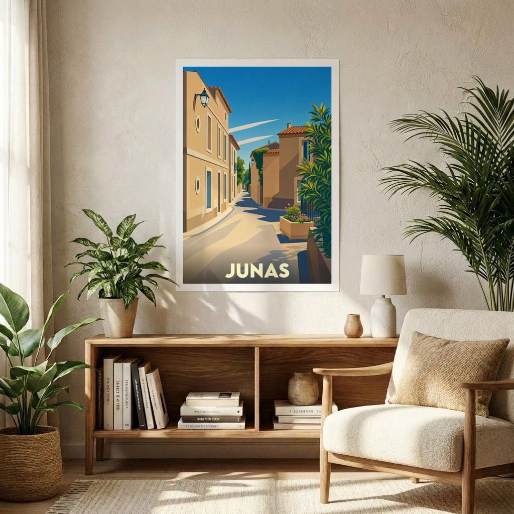 Affiche souvenir de la ville de Junas représentant une ruelle ensoleillée dans un style graphique épuré.