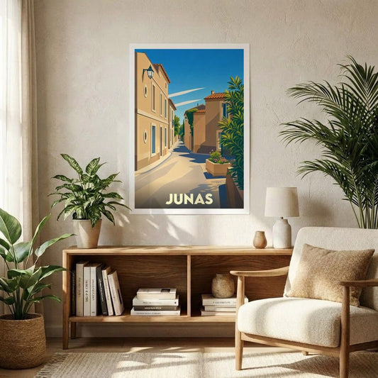 Affiche souvenir de la ville de Junas représentant une ruelle ensoleillée dans un style graphique épuré.
