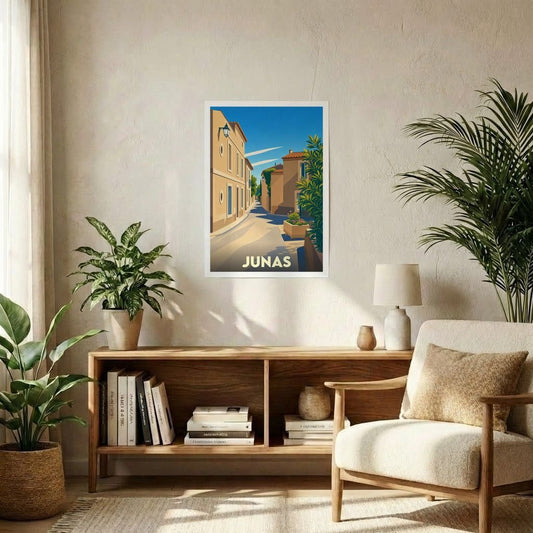 Affiche souvenir de la ville de Junas présentant une illustration stylisée de ses ruelles ensoleillées.