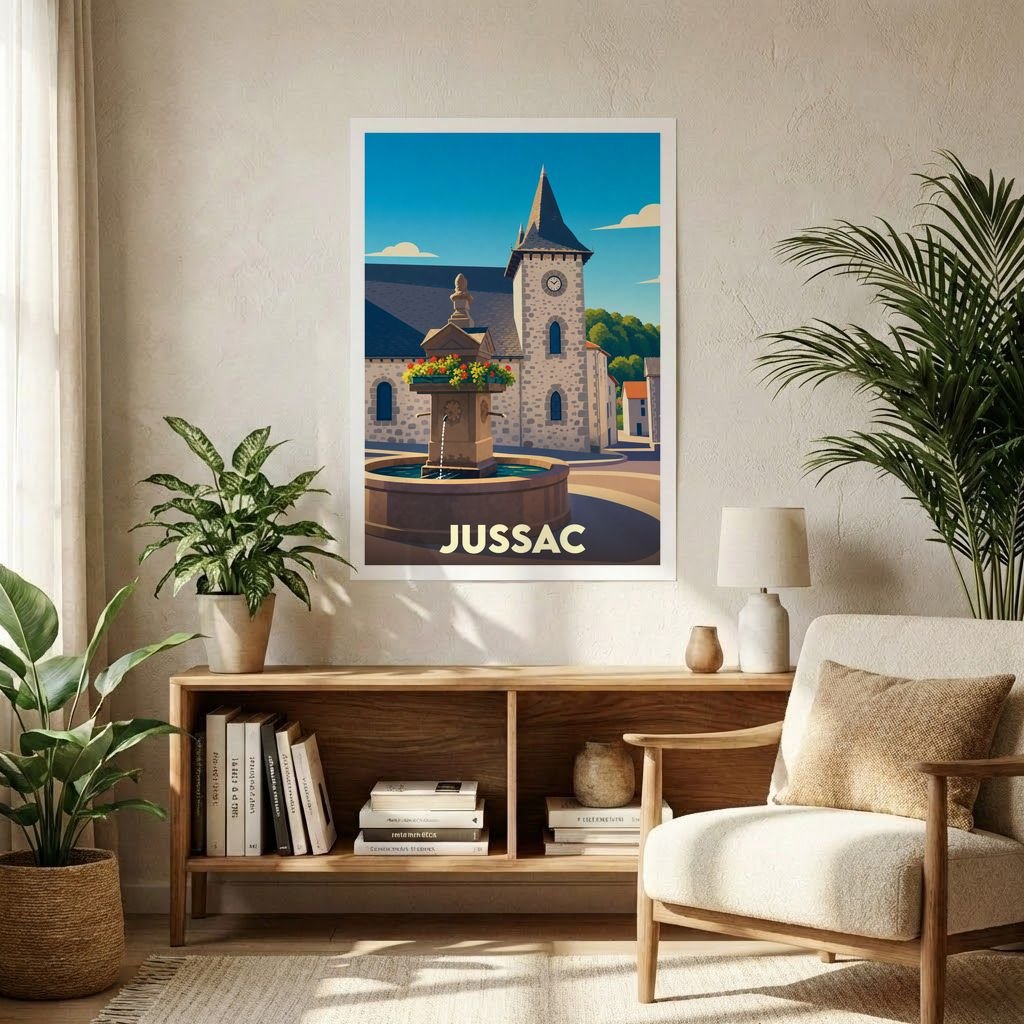 Affiche souvenir de la ville de Jussac avec une illustration stylisée d'une fontaine fleurie devant une église.