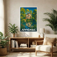 Affiche souvenir de la ville de Juvignac avec une illustration stylisée d'un bâtiment au bord d'un lac.