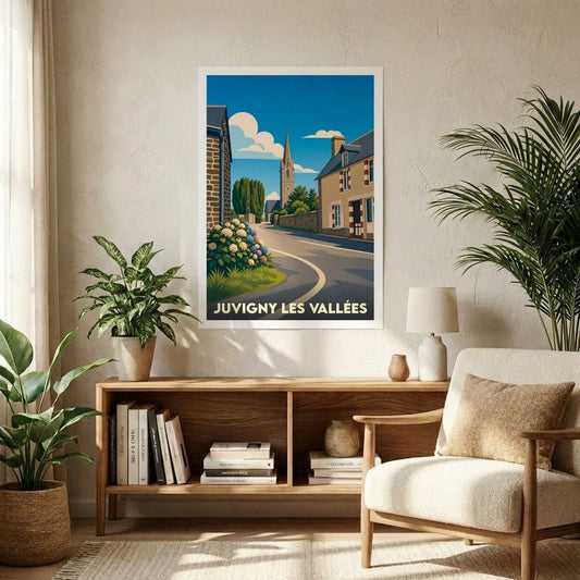 Affiche souvenir de la ville de Juvigny les Vallées avec une illustration stylisée d'une rue typique et son clocher.