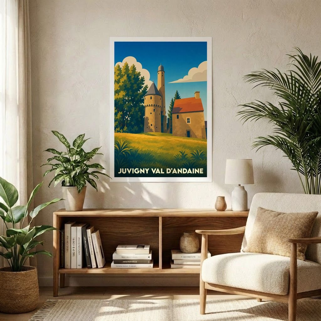 Affiche souvenir de la ville de Juvigny Val d'Andaine avec une illustration stylisée d'un château normand.