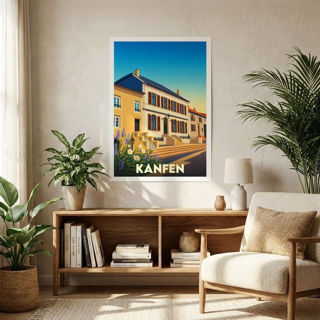 Affiche souvenir de la ville de Kanfen avec une illustration stylisée et colorée.