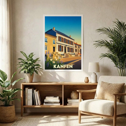 Affiche souvenir de la ville de Kanfen avec une illustration stylisée et colorée.