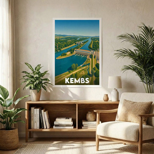 Affiche souvenir de la ville de Kembs avec une illustration stylisée de son aménagement hydraulique.