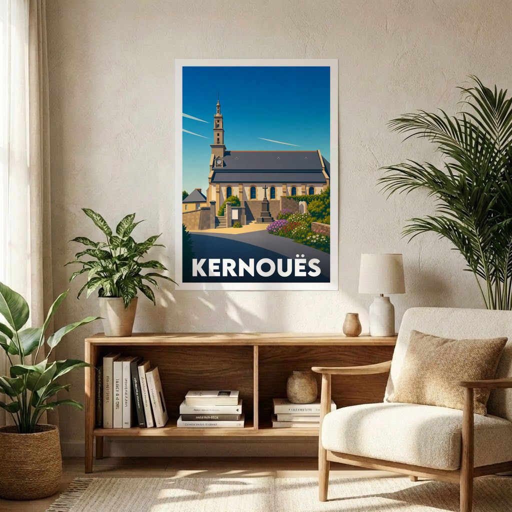 Affiche souvenir de la ville de Kernouës avec une illustration stylisée.