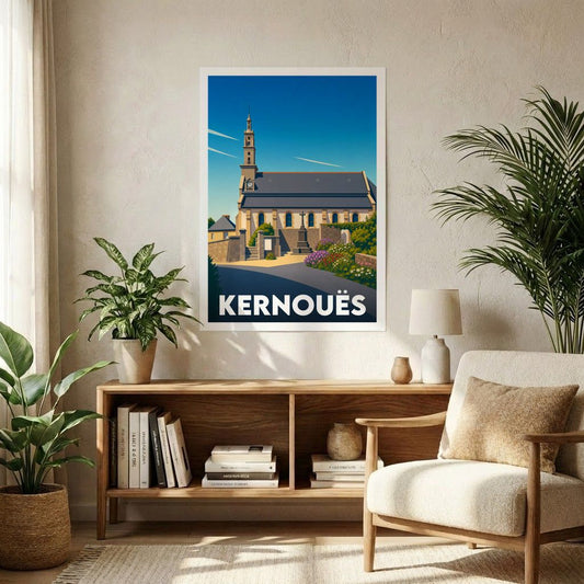 Affiche souvenir de la ville de Kernouës avec une illustration stylisée.