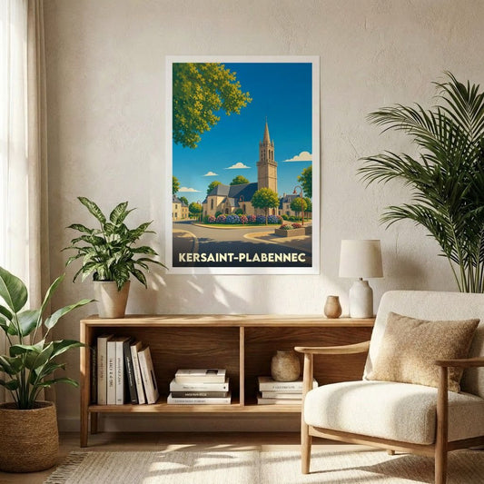 Affiche souvenir de la ville de Kersaint-Plabennec avec une illustration stylisée de son église sous un ciel bleu.