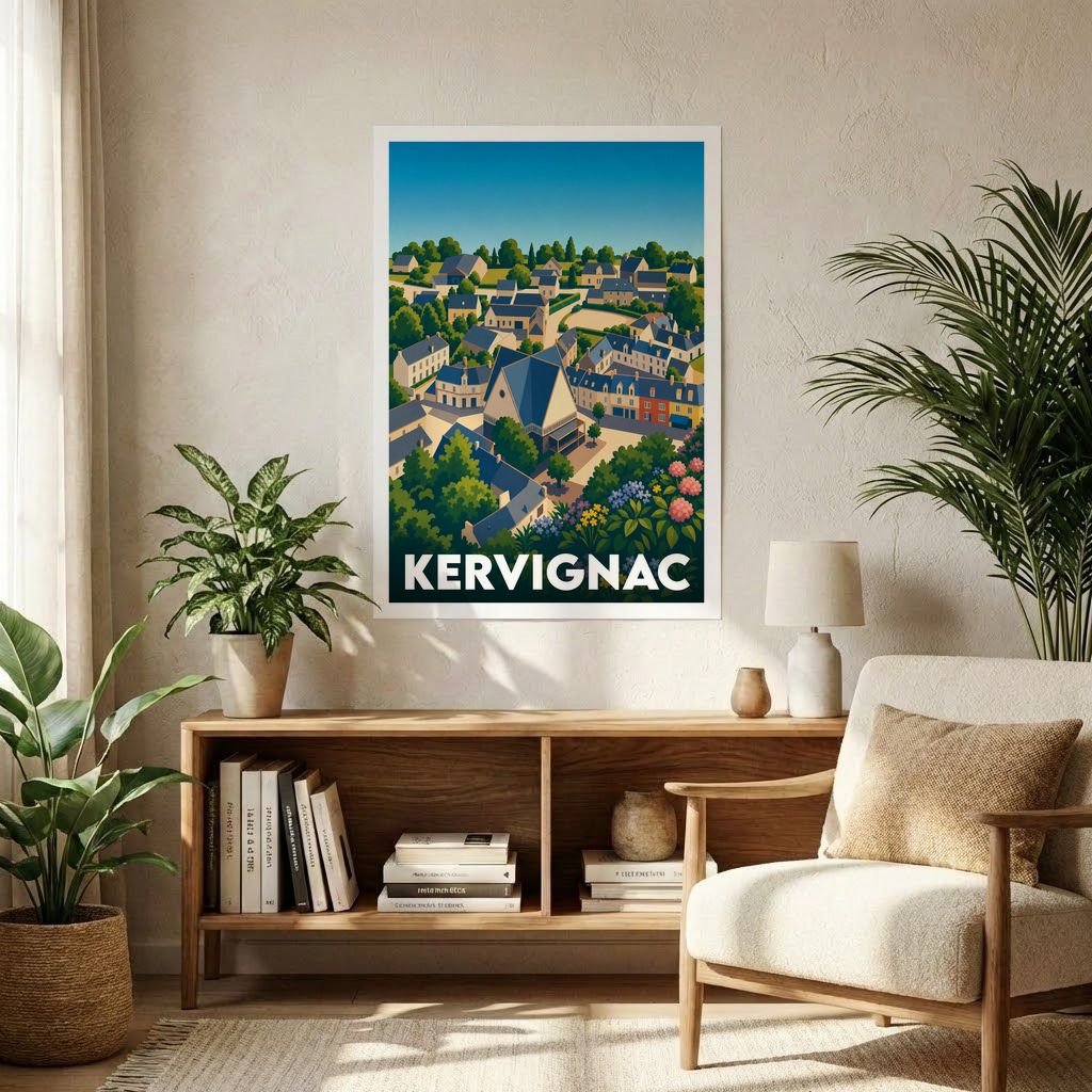 Affiche souvenir de la ville de Kervignac avec une illustration stylisée et colorée de ses maisons et de son église.