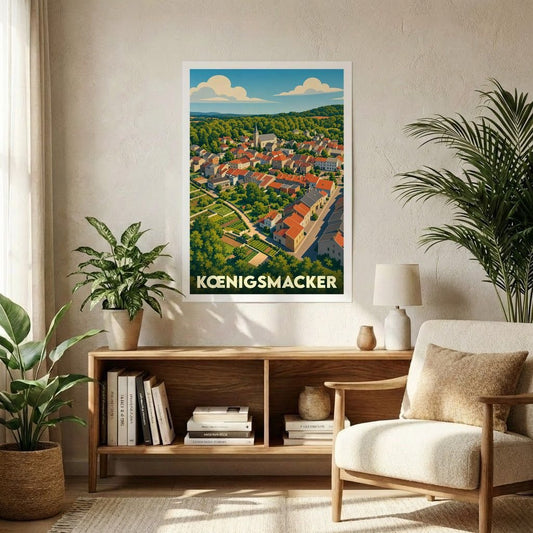 Affiche souvenir de la ville de Kœnigsmacker avec une illustration stylisée vue du ciel.