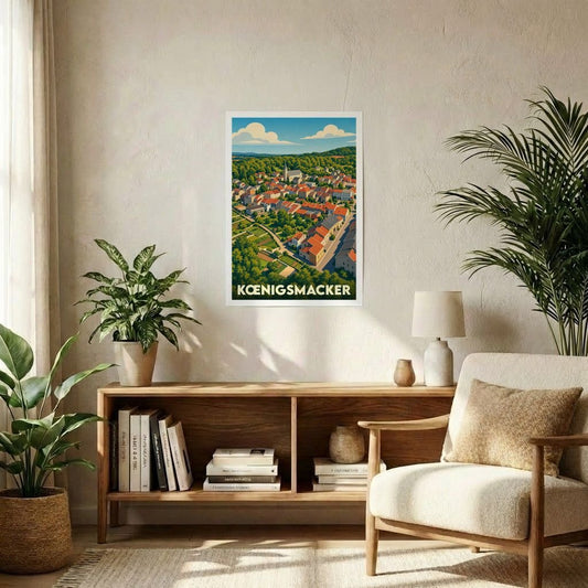 Affiche souvenir de la ville de Kœnigsmacker avec une illustration stylisée d'une vue aérienne.