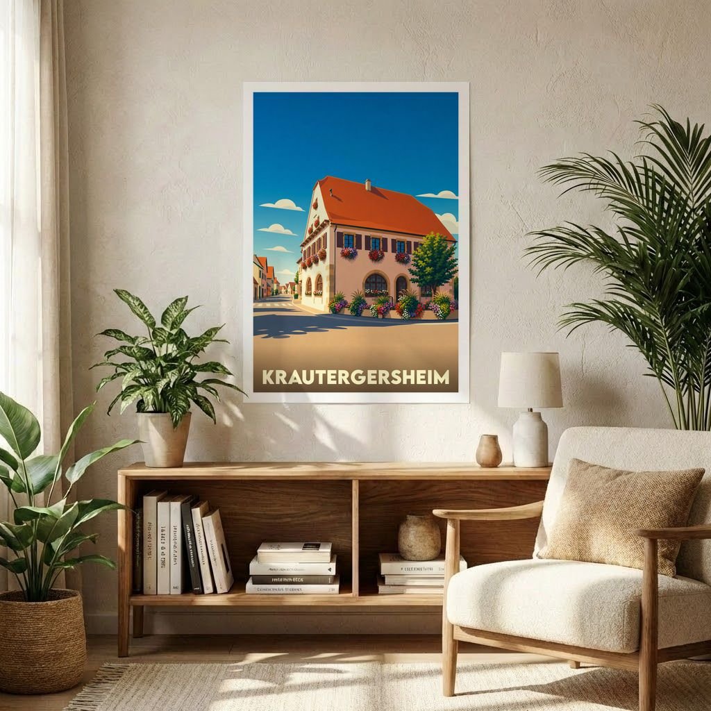 Affiche souvenir de la ville de Krautergersheim avec une illustration stylisée.