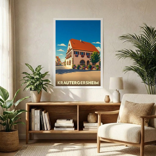 Affiche souvenir de la ville de Krautergersheim avec une illustration stylisée.