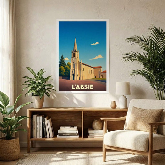 Affiche souvenir de la ville de L'Absie avec une illustration stylisée de son église sous un ciel bleu.