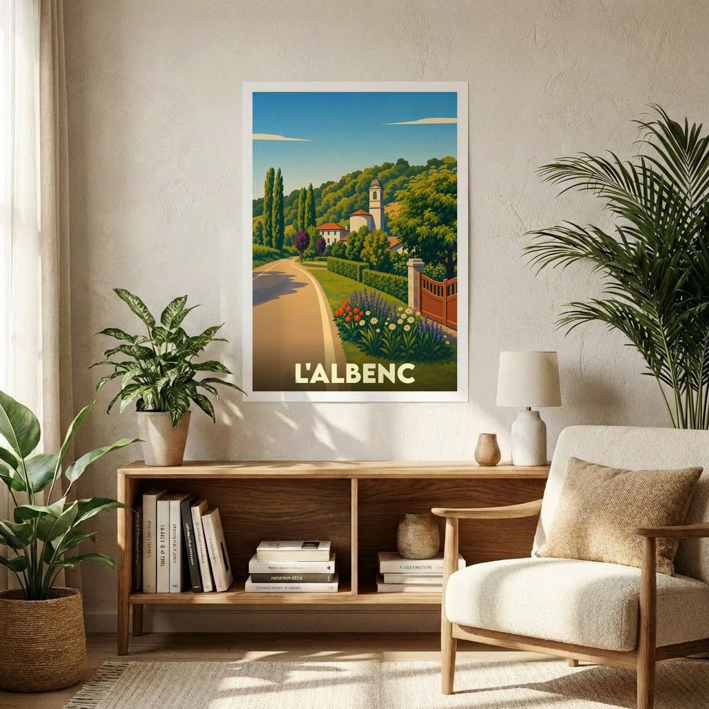 Affiche souvenir de la ville de L'Albenc avec une illustration stylisée de style vintage.