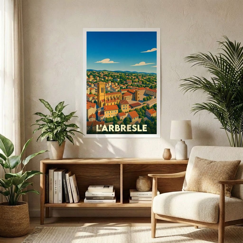 Affiche souvenir de la ville de L'Arbresle avec une illustration stylisée et colorée.