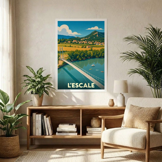 Affiche souvenir de la ville de L'Escale avec une illustration stylisée d'un pont suspendu sur un lac.