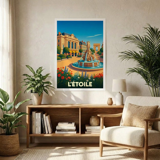 Affiche souvenir de la ville de L'Étoile avec une illustration colorée représentant une fontaine et des monuments.