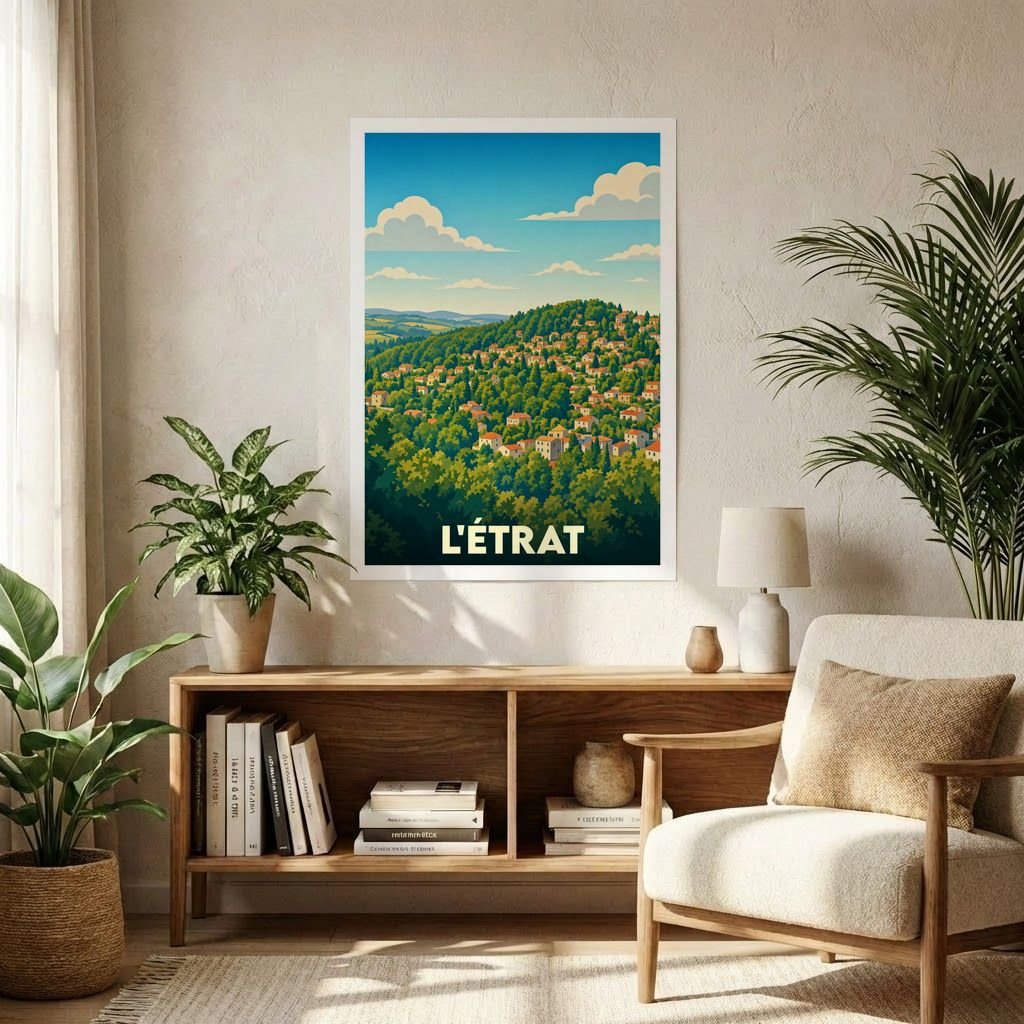 Affiche souvenir de la ville de L'Étrat avec une illustration stylisée d'un paysage vallonné et arboré.
