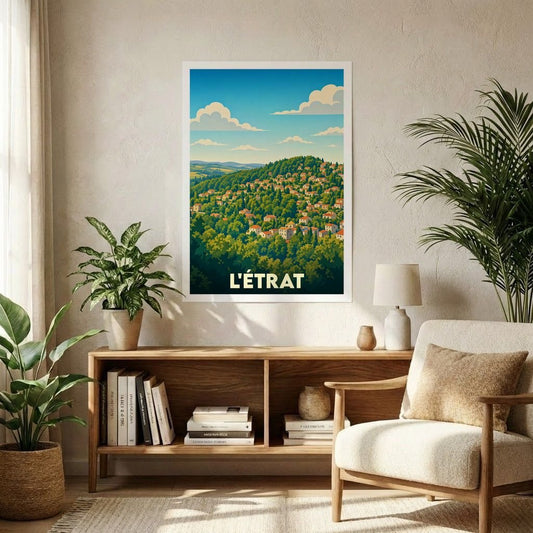 Affiche souvenir de la ville de L'Étrat avec une illustration stylisée d'un paysage vallonné et arboré.