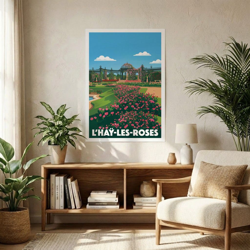 Affiche souvenir de la ville de L'Haÿ-les-Roses avec une illustration stylisée de sa célèbre roseraie.