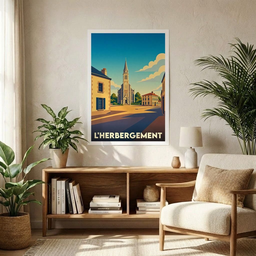 Affiche souvenir de la ville de L'Herbergement avec une illustration stylisée de son église et de ses rues ensoleillées.