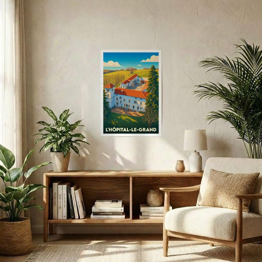 Affiche souvenir de la ville de L'Hôpital-le-Grand avec une illustration stylisée.