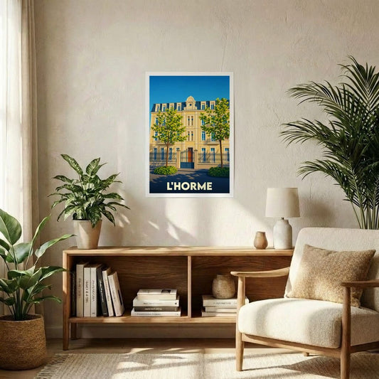 Affiche souvenir de la ville de L'Horme avec une illustration stylisée d'un bâtiment remarquable.