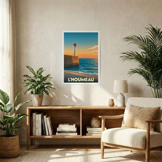 Affiche souvenir de la ville de L'Houmeau illustrant un phare stylisé au bord de l'océan au coucher du soleil.