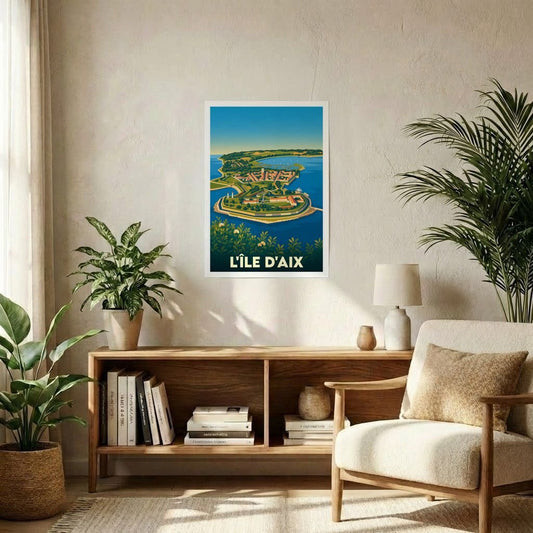 Affiche souvenir de l'Île d'Aix présentant une illustration stylisée et colorée de l'île vue du ciel.