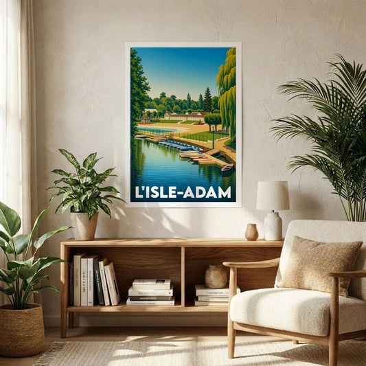 Affiche souvenir de la ville de L'Isle-Adam avec une illustration stylisée d'un bord de l'eau.