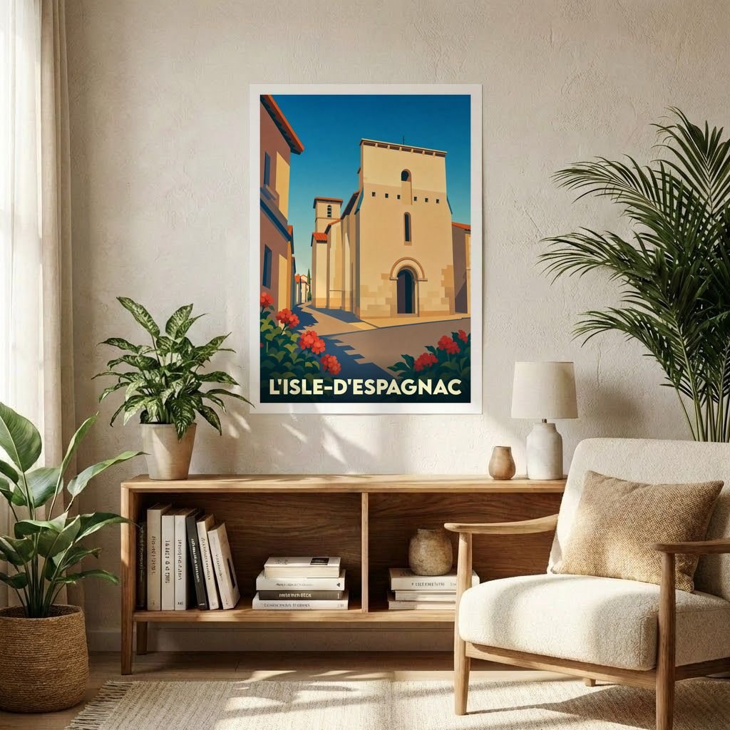 Affiche souvenir de la ville de L'Isle-d'Espagnac avec une illustration stylisée de son église romane.