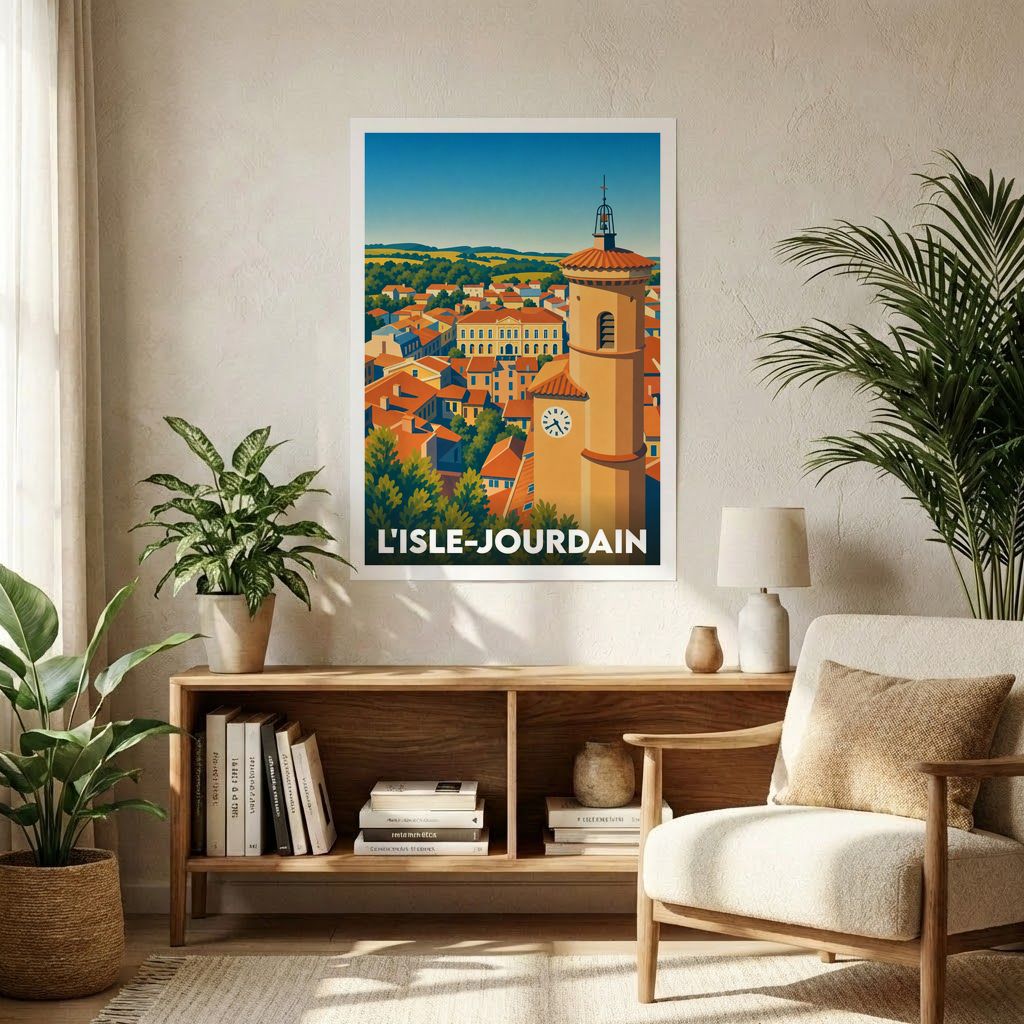Affiche souvenir de la ville de L'Isle-Jourdain avec une illustration stylisée d'un clocher surplombant les toits.