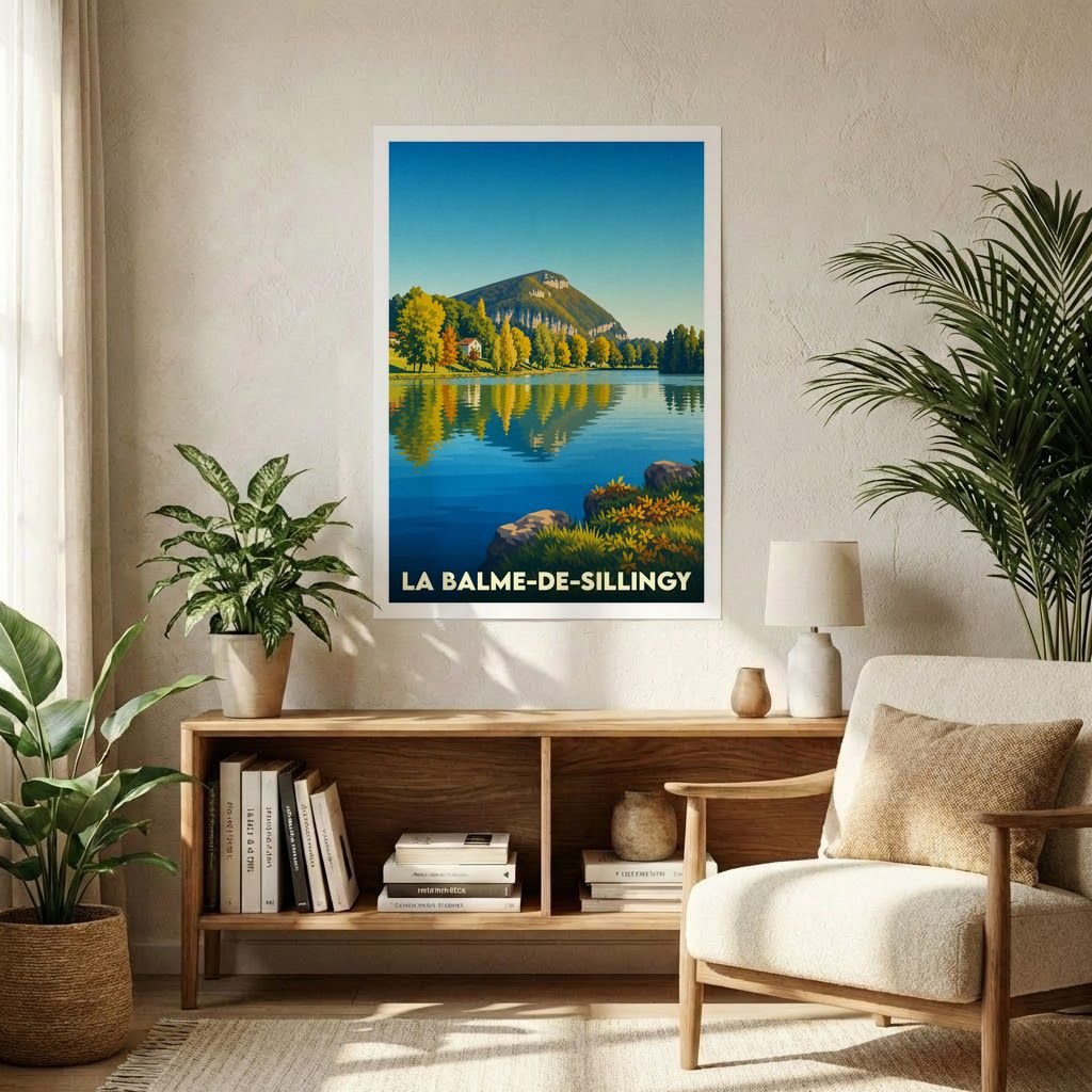 Affiche souvenir de la ville de La Balme-de-Sillingy avec une illustration stylisée de son lac et de ses montagnes.