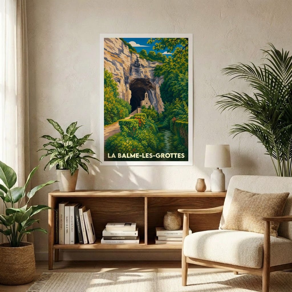 Affiche souvenir de la ville de La Balme-les-Grottes avec une illustration stylisée de ses grottes emblématiques.