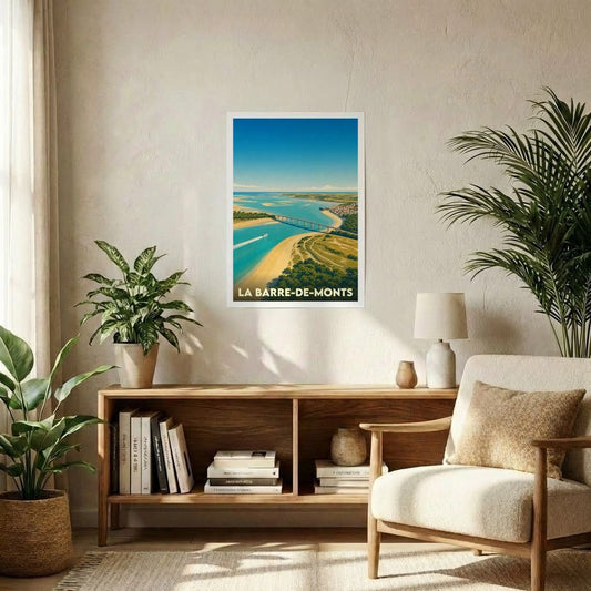 Affiche souvenir de la ville de La Barre-de-Monts avec une illustration stylisée du littoral et de son pont.