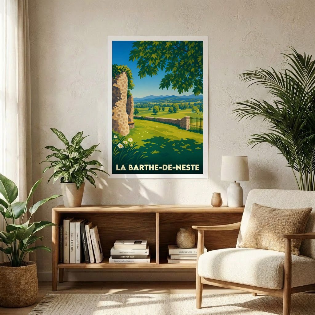 Affiche souvenir de la ville de La Barthe-de-Neste avec une illustration stylisée de paysages et de ruines.