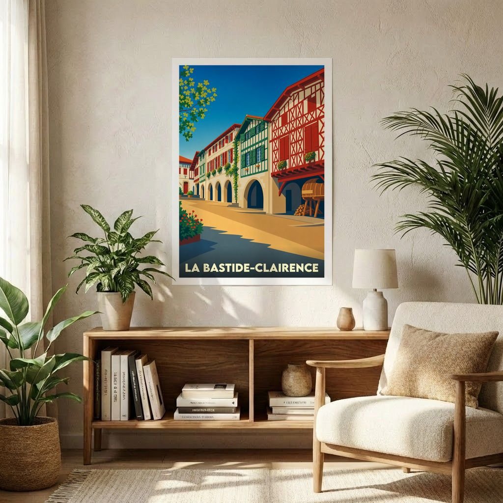 Affiche souvenir de la ville de La Bastide-Clairence avec une illustration stylisée de ses façades traditionnelles.