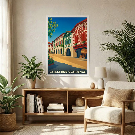 Affiche souvenir de la ville de La Bastide-Clairence avec une illustration stylisée de ses façades traditionnelles.