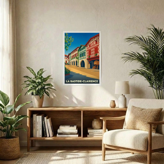 Affiche souvenir de la ville de La Bastide-Clairence avec une illustration stylisée et colorée de ses maisons traditionnelles.