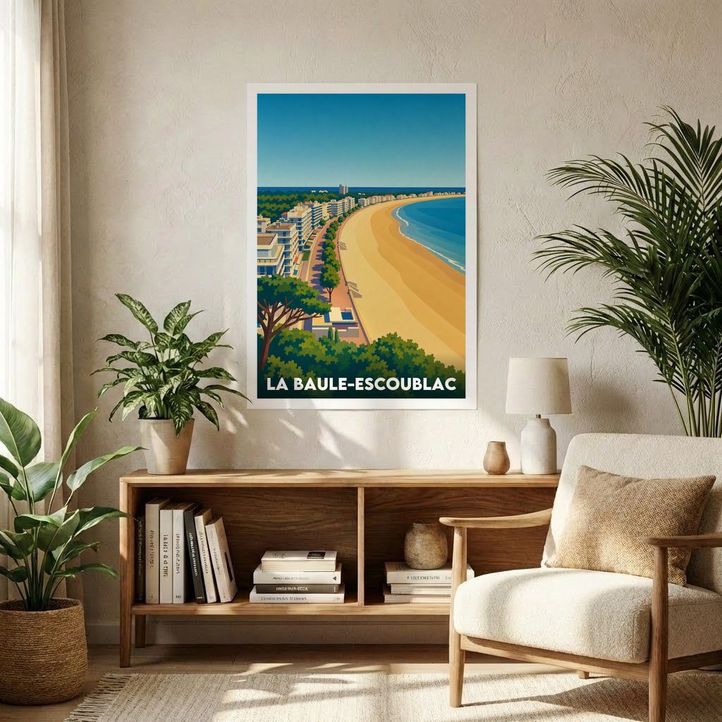 Affiche souvenir de la ville de La Baule-Escoublac avec une illustration stylisée de son front de mer.